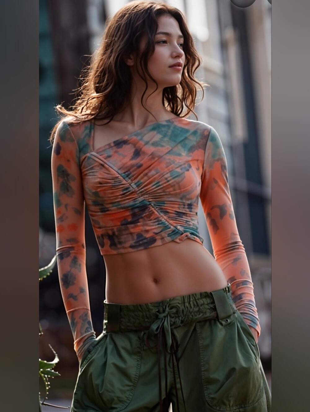 Free People Super Nova Tie-Dye Ruched Long Sleeve Crop Top - Orange Green